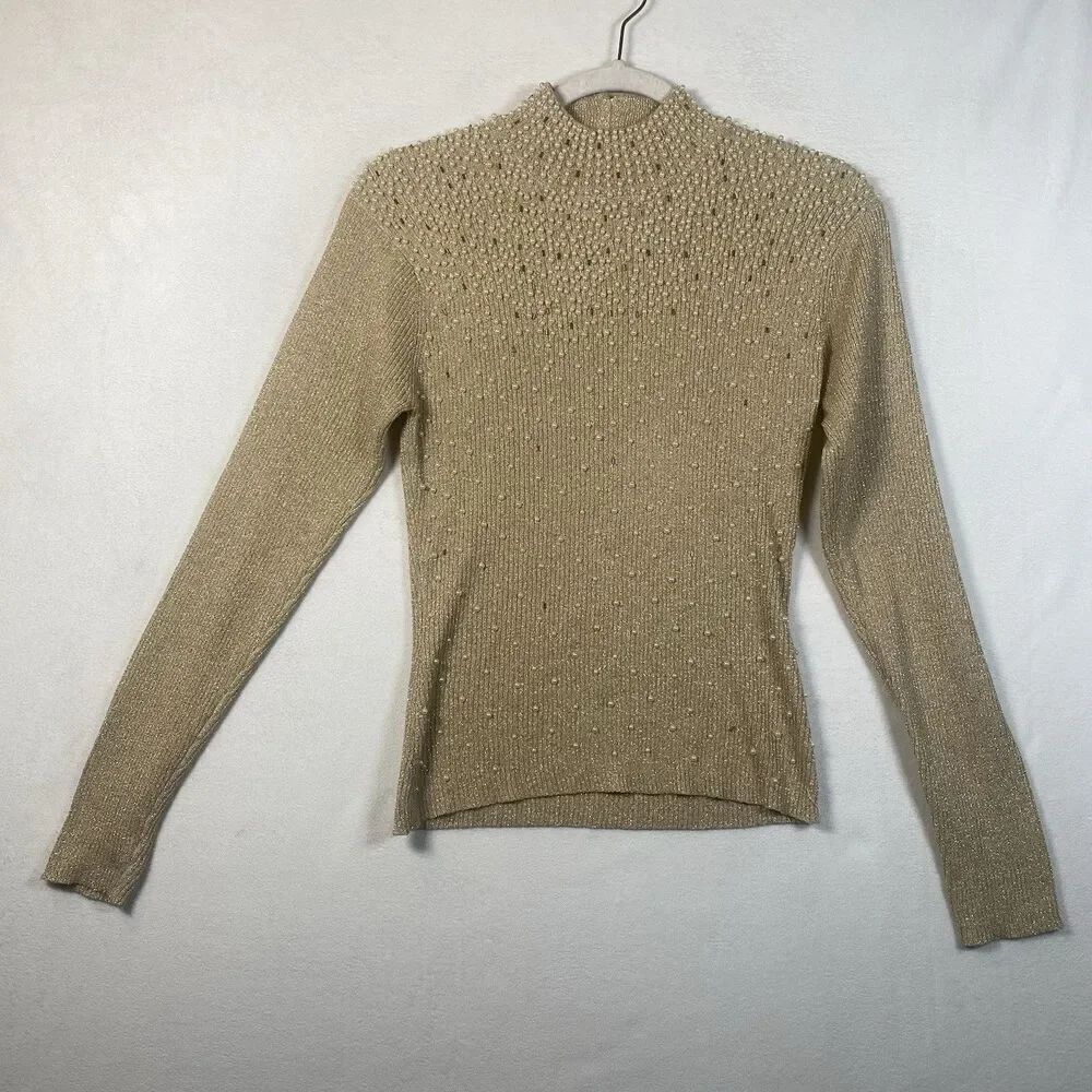 Cache Gold Metallic Pearl Embellished Mock Neck Sweater M Back Zip Beaded Knit